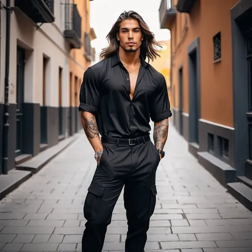 Prompt: portrait of a young huge large tall pretty eboy, fitness influencer with visible traps and round wide shoulders, man with long hair covering face,, middle parting of hair haircut, tiktok eboy, trendsetter,  Mister Universe, tanned,  handsome, dark features, shaved, head tattoo wearing oversize black  button up shirt, black cargo pants, black boots, buff, strong neck, early morning light in street, art by Jos Coufreur, confident_standing infront of steps, retrofuturism, earrings, art_noir, dark_shadows, professional photography, sharp focus, splash art, hyper-real, photography