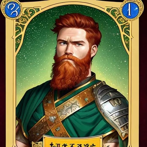 Prompt: portrait of a weathered athletic male knight with green eyes, short wavy red hair, short shorn red beard, statuesque, intricate, detailed. Somber, scowling, Style of tarot cards. Greek orthodox illumination. Style of inking. Sparkles