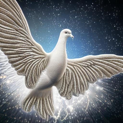 Prompt: hyperdetailed photoreal image of real white glowing peace dove, with spread out wings rising into the deep mysterious night sky, universe expansive hologram intricate details, HDR, beautifully shot, hyperrealistic, sharp focus, 64 megapixels, perfect composition, high contrast, cinematic, atmospheric, moody abstract art complementary colors fine details