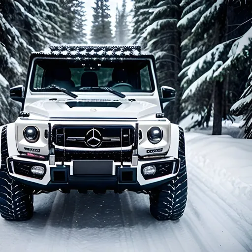 Prompt: influencer man in center wearing hoodie and samurai mask sitting in front of off road G class monster truck, detailed and cool shiny chrome paint, inside an snowy forest, gloomy, moody, Professional photography, bokeh, natural lighting, punk