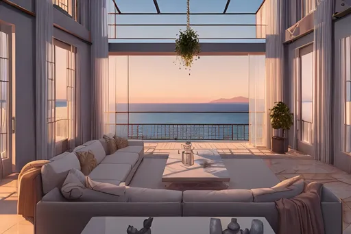 Prompt: golden hour moody evening in a modern luxury loft living room with clean quilted pastel colored conversation pit couch, view to the Andalusian Mediterranean sea shore, 
ceiling panorama, hanging garden, interior design magazine cover image, masterpiece in 4k, highly detailed, lofi aesthetic art , award winning photography, living colors, intense composition 