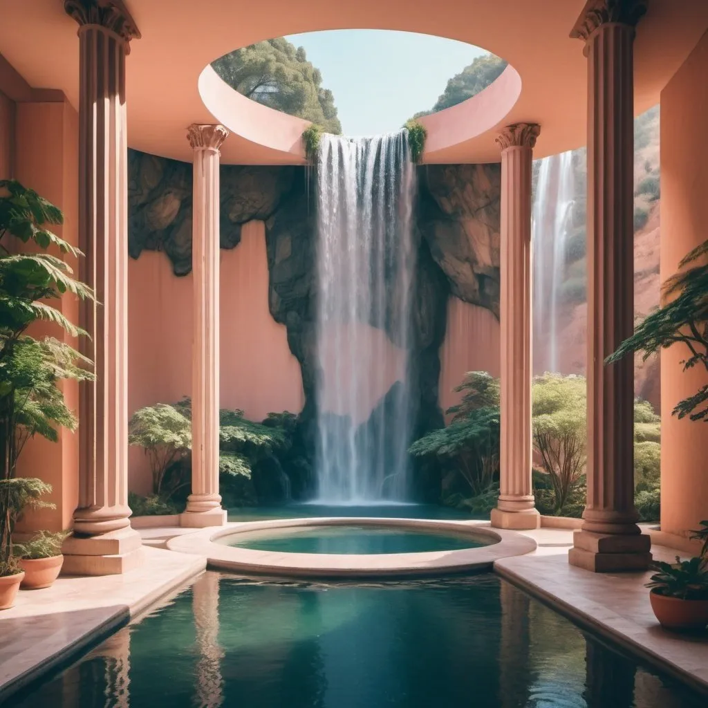 Prompt: a room with a waterfall in the background, a storybook illustration by Ricardo Bofill, trending on pexels, neo-romanticism, enchanting, sanctuary, I can't believe how beautiful this is