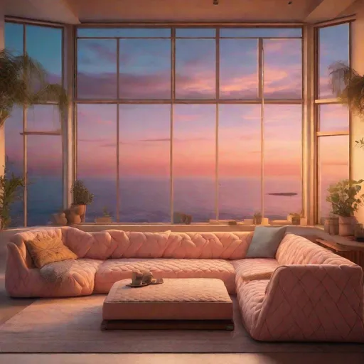 Prompt: golden hour moody evening in a modern loft living room with cozy quilted pastel colored long sofa, view to the Andalusian Mediterranean sea shore, interior design magazine cover image, masterpiece in 4k, highly detailed, lofi aesthetic art , award winning photography, living colors, intense composition 