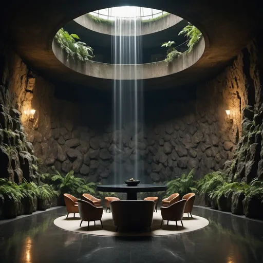 Prompt: far away photo of 350 meter tall indoor artificial waterfall rock wall round large ceiling, dark underground elevated platform with table with chairs, book shelves, jungle, overgrown rock walls, sharp focus, dark, mysterious, professional photography, mysterious, deep shadows ; retro, vintage ; golden hour, centered, symmetrical, sharp focus, cinematic, Wide Angle-coded insane details"