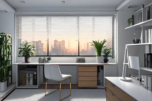Prompt: lofi golden hour moody foggy evening in a modern luxury loft home office desktop with clean Interior | 80s | Postmodern | Blinds | White On White, home office, ceiling panorama, hanging garden, palm trees, interior design magazine cover image, masterpiece in 4k, highly detailed, lofi aesthetic art , award winning photography, living colors, intense composition 