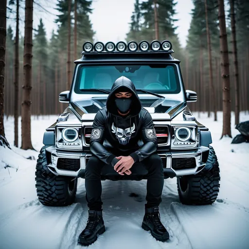 Prompt: influencer man wearing hoodie and samurai mask sitting in front of off road G class monster truck, detailed and cool shiny chrome paint, inside an snowy forest, gloomy, moody, Professional photography, bokeh, natural lighting, solar punk