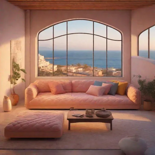 Prompt: golden hour moody evening in a modern loft living room with cozy quilted pastel colored long sofa, view to the Andalusian Mediterranean sea shore, interior design magazine cover image, masterpiece in 4k, highly detailed, lofi aesthetic art , award winning photography, living colors, intense composition 