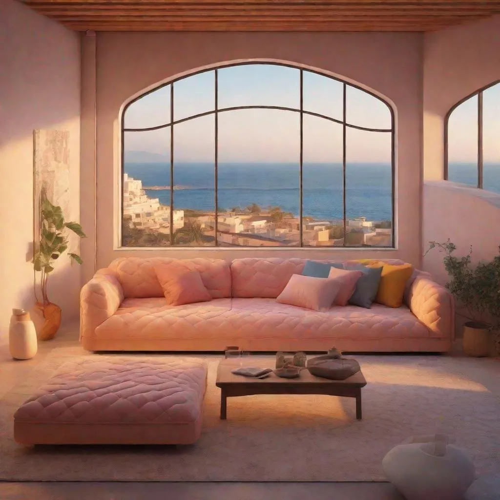 Prompt: golden hour moody evening in a modern loft living room with cozy quilted pastel colored long sofa, view to the Andalusian Mediterranean sea shore, interior design magazine cover image, masterpiece in 4k, highly detailed, lofi aesthetic art , award winning photography, living colors, intense composition 