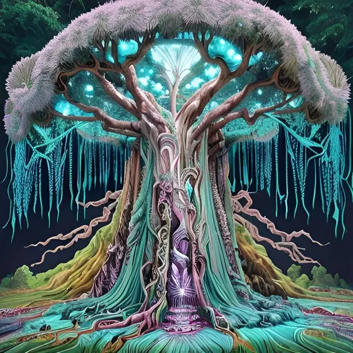 Prompt: Dream Vision of Ancient gigantic fantasy shiny tree rising above the jungle, covered in crystals, dark teal colors, giant Tāne Mahuta, hologram, ink flow art, mixed media art, oil gouach melting canvas, 4k lofi aestetic masterpiece by Juan Pablo Machado, seerlight, intricate, HDR, beautifully shot, hyperrealistic