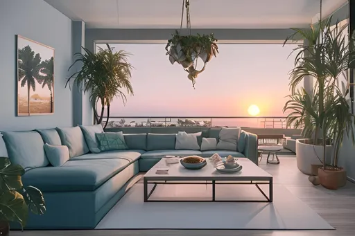 Prompt: lofi golden hour moody foggy evening in a modern luxury loft living room with clean quilted pastel colored conversation pit couch, view to the Andalusian Mediterranean sea shore, 
ceiling panorama, hanging garden, palm trees, interior design magazine cover image, masterpiece in 4k, highly detailed, lofi aesthetic art , award winning photography, living colors, intense composition 