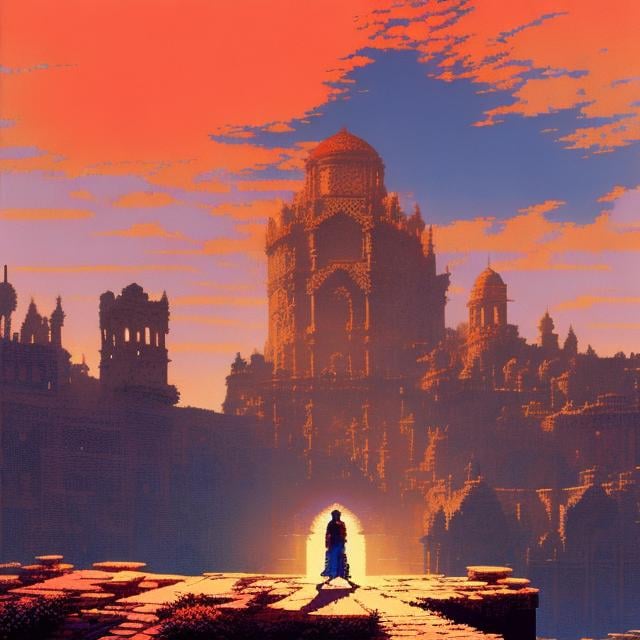 Prompt: ;; Prince of Persia standing in Oriental heavenly glowing bright Gateway harbor fluffy clouds ;; 3-bit RGB dithering retro Additive Dichrome palette pixel game by Angus McBride, Floyd-Steinberg Dithering