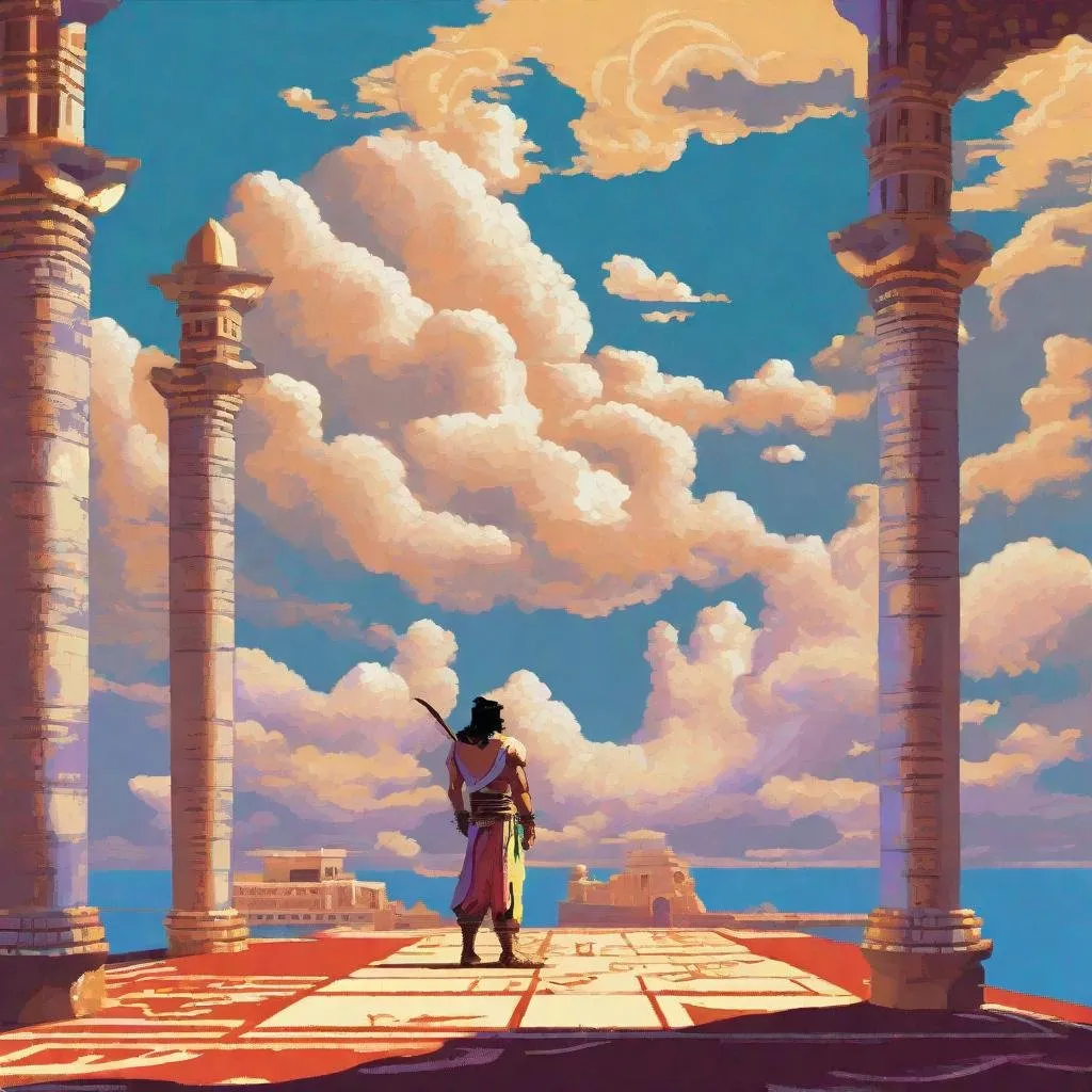 Prompt: ;; Prince of Persia standing in Oriental heavenly glowing bright Gateway harbor fluffy clouds ;; 3-bit RGB dithering retro Additive Dichrome palette pixel game by Angus McBride, Floyd-Steinberg Dithering