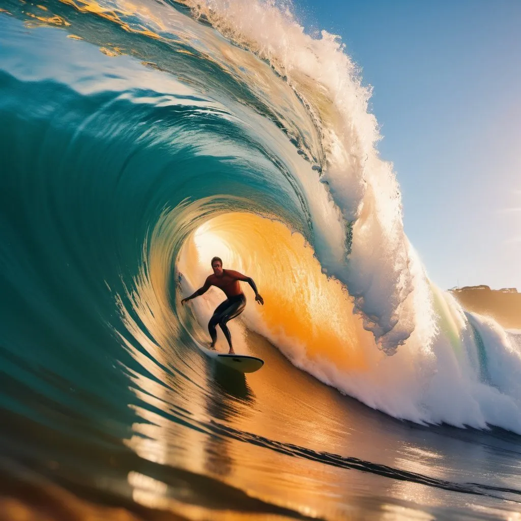 Prompt: 1985 old vintage impasto thick dripping color oil painting in the style of  professional photography Surfer inside wave tunnel, huge 20 meter high large wave break, surfing spot multiple waves break in orange color water, summer 1985 Piha beach, New Zealand, surfer paradise in golden hour panorama filmic soft focus hyperdetailed 8k resolution dynamic lighting hyperdetailed intricately detailed Splash art triadic colors Unreal Engine 5 volumetric lighting, photography by Tom Warren, Richard Corman