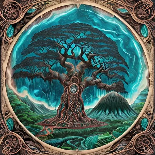 Prompt: Dream Vision of Ancient gigantic fantasy tree rising above the jungle, dark teal colors, giant Tāne Mahuta, hologram, ink flow art, mixed media art, oil gouach melting canvas, 4k lofi aestetic masterpiece by Juan Pablo Machado, seerlight, intricate, HDR, beautifully shot, hyperrealistic