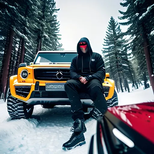 Prompt: influencer man wearing hoodie and samurai mask sitting in front of off road G class monster truck, detailed and cool shiny chrome paint, inside an snowy forest, gloomy, moody, Professional photography, bokeh, natural lighting, punk


Ultra-Wide Angle, Depth of Field, hyper-detailed, beautifully color-coded, insane details, intricate details, beautifully color graded, Unreal Engine, Cinematic, Color Grading, Editorial Photography, Photography, Photoshoot, Shot on 70mm lens, Depth of Field, Bokeh, DOF, Tilt Blur

Shutter Speed 1/1000, F/22, White Balance, 32k, Super-Resolution, Megapixel, Backlight, Natural Lighting, Incandescent, Optical Fiber, Moody Lighting, Cinematic Lighting, Studio Lighting, Soft Lighting, Volumetric, Contre-Jour, Beautiful Lighting, Accent Lighting

Global Illumination, Screen Space Global Illumination, , Optics, Scattering, Glowing, Shadows, Rough, Shimmering, Lumen Reflections, Screen Space Reflections, Diffraction Grading, Chromatic Aberration, GB Displacement, Scan Lines, Ambient Occlusion

FKAA, TXAA, RTX, SSAO, Shaders, OpenGL-Shaders, GLSL-Shaders, Post Processing, Post-Production, Cel Shading, Tone Mapping, CGI, VFX, SFX, insanely detailed and intricate, hypermaximalist, elegant, hyper realistic, super detailed, dynamic pose, photography, 8k