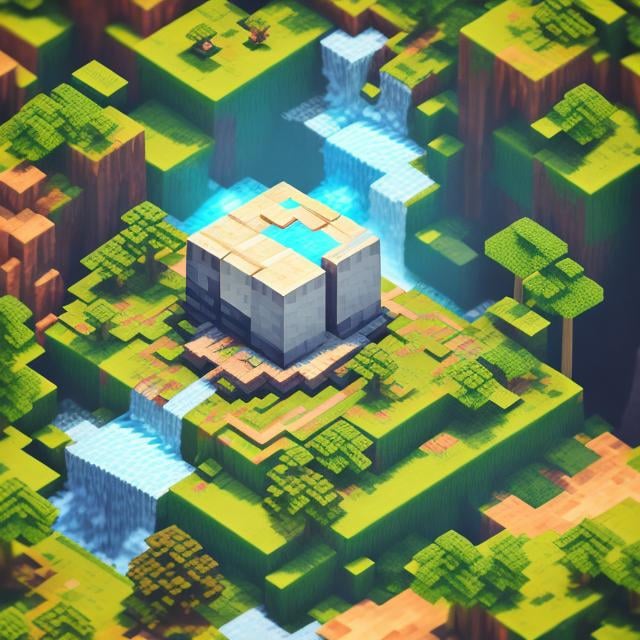 Prompt: isolated Isometric 2D Game Art cube world with waterfall minecraft earth texture and forest pick nick spot with parasol, cutaway box, modern, soft smooth lighting, soft colors, 100mm lens, 3d blender render, game