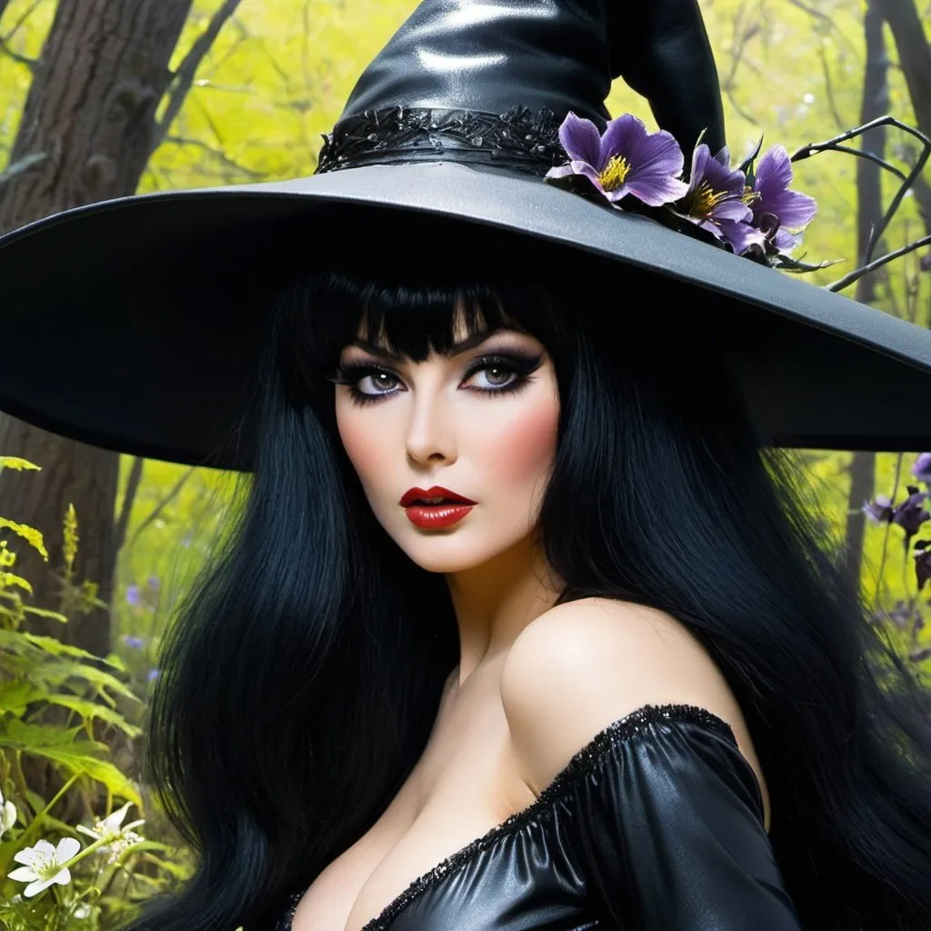 Prompt: Elvira Mistress of the Dark, magic_Spring_flowers_growing_changing_season_forest inside the head and hair of a witch_female, curvy, plus size, vintage make up vintage comic by Frank Frazetta, scary, soft lighting, sharp focus, James Gurney, Yoji Shinkawa WLOP,  paint splash drops, piercing edges, trending on pinterest, studio photography, intricate details, highly detailed 