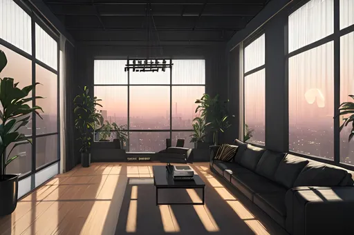 Prompt: lofi golden hour moody foggy evening in a modern luxury loft, clean goth girl interior | 80s | Postmodern | Blinds |, large ceiling panorama, hanging garden, Sumerian wall paintings,  palm trees, interior design magazine cover image, masterpiece in 4k, highly detailed, lofi aesthetic art , award winning photography, living colors, intense composition #