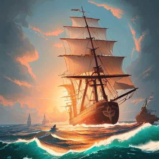 Prompt: a painting of a ship in the middle of the ocean, an illustration of by Dan Mumford, cgsociety, digital art, digital illustration, photoillustration, storybook illustration