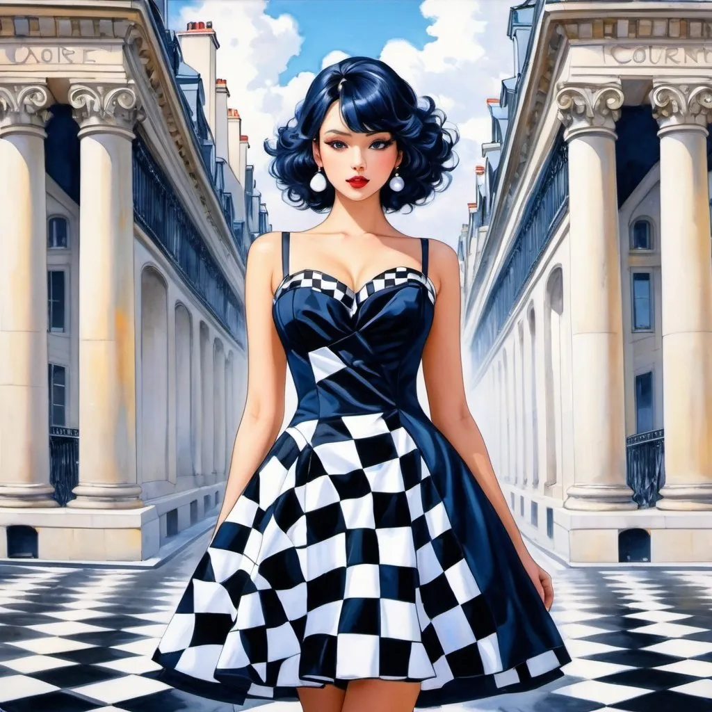 Prompt: avantgarde Model in Paris,dress with checkerboard pattern, Haute Couture, curvy, anime painting, lofi anime by Akira Toriyama