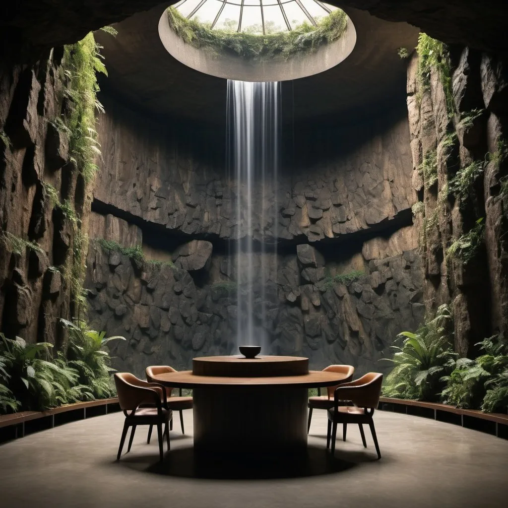 Prompt: far away photo of 350 meter tall indoor artificial waterfall rock wall round large ceiling, dark underground working platform with table with chairs, book shelves, jungle, overgrown rock walls, sharp focus, dark, mysterious, professional photography, mysterious, deep shadows ; retro, vintage ; golden hour, centered, symmetrical, sharp focus, cinematic, Wide Angle-coded insane details"