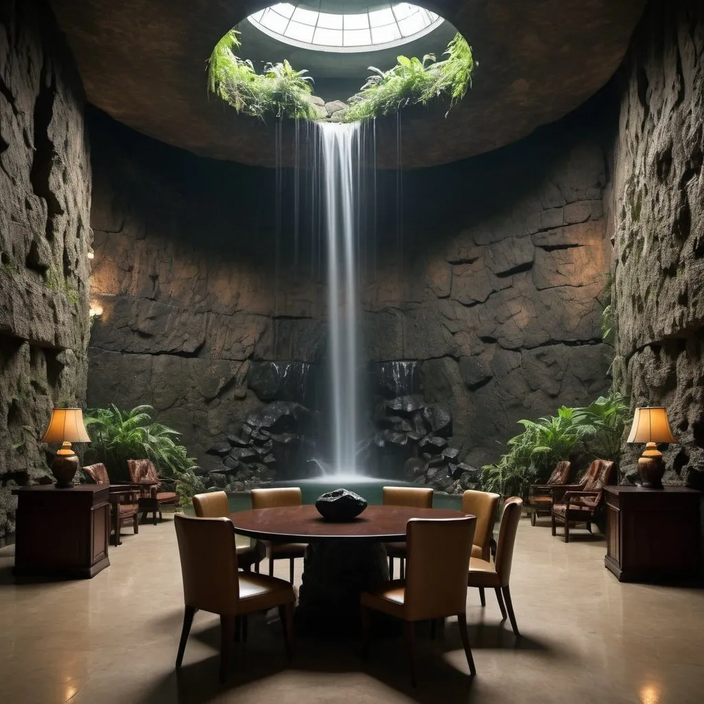 Prompt: far away photo of 350 meter tall indoor artificial waterfall rock wall round large ceiling, dark underground platform with table with chairs, book shelves, jungle, overgrown rock walls, sharp focus, dark, mysterious, professional photography, mysterious, deep shadows ; retro, vintage ; golden hour, centered, symmetrical, sharp focus, cinematic, Wide Angle-coded insane details"