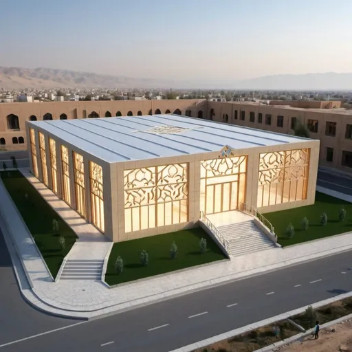 Prompt: Designing a workshop and production shed for startup teams in the Iranian Islamic Architecture Science and Technology Park in Hamedan, considering the symbols of Hamedan