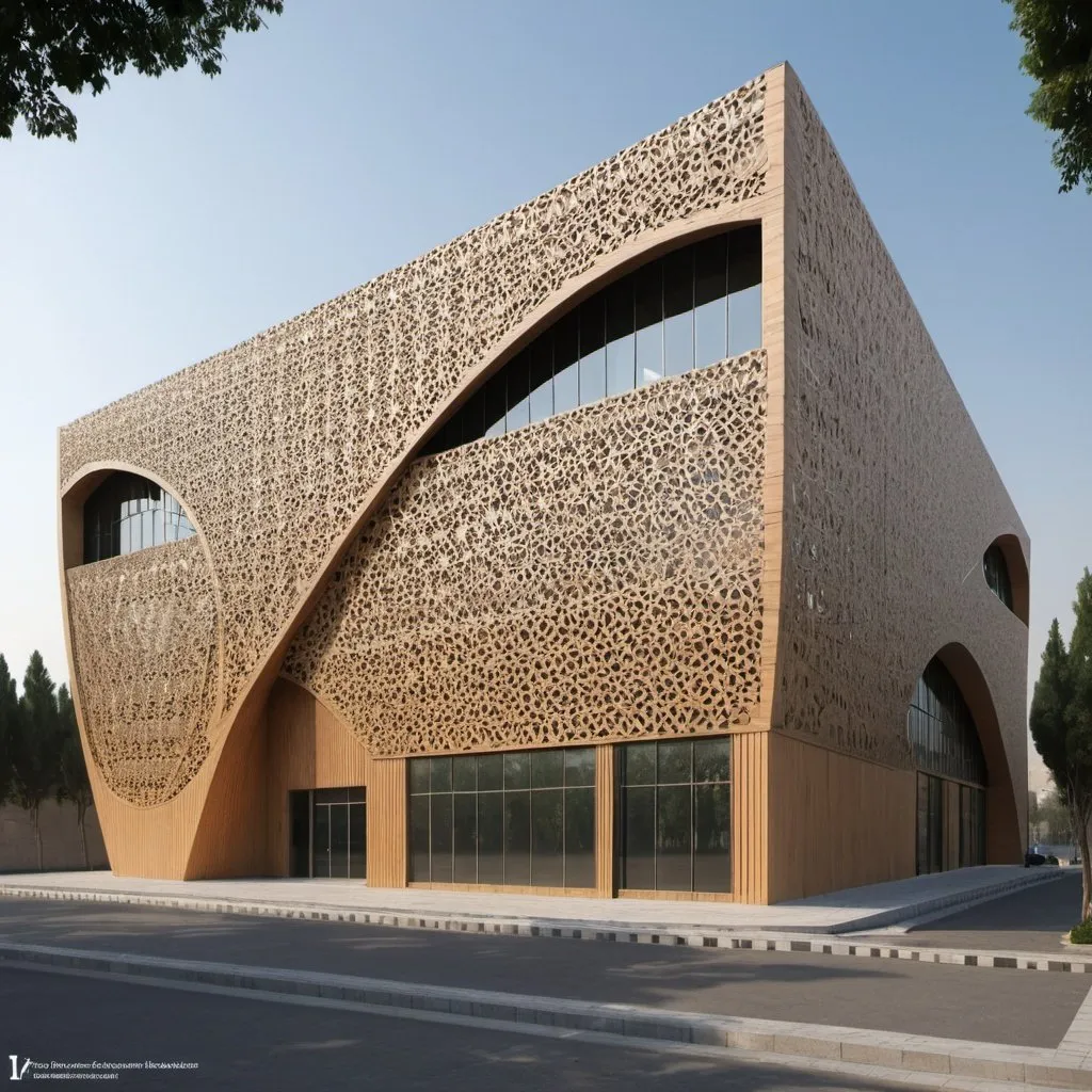 Prompt: The design of the facade of the workshop shed of Science and Technology Park and the Iranian Islamic architecture approach in Tehran