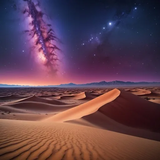 Prompt: Starry night sky over Lut desert, vibrant celestial wonders, sand dunes below, high quality, surreal, cosmic, desert landscape, deep reds and purples, shimmering stars, majestic Milky Way, tranquil and mystical, vast and expansive, otherworldly beauty, detailed constellations