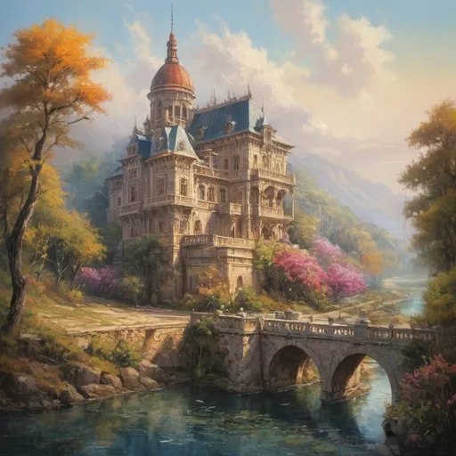 Prompt: Real, magnificent oil painting of a proud and beautiful architecture, epic dream land, dreamy and relaxing, detailed brush strokes, high quality, serene atmosphere, vibrant colors, beautiful scenery, dream-like, oil painting, detailed architecture, dream land, relaxing atmosphere, magnificent, vibrant colors, serene, high quality, detailed brush strokes