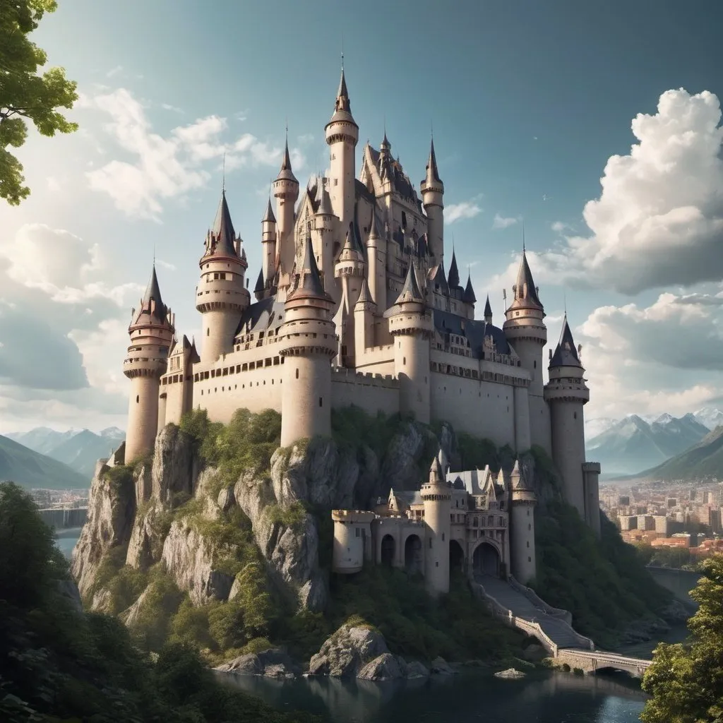 Prompt: A fantasy and magnificent castle in the middle of a modern city