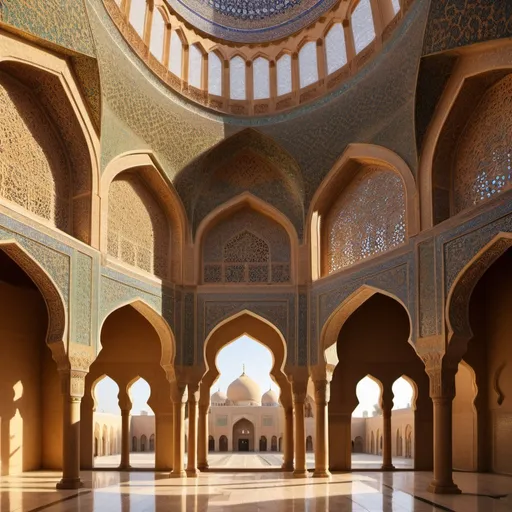 Prompt: Palace design of an Islamic government, Iranian Islamic architecture, detailed geometric patterns, intricate tile work, high quality, traditional art, Islamic calligraphy, warm earthy tones, ornate arches, grand domes, historical, intricately carved wooden details, majestic courtyard, golden sunlight filtering through, rich cultural heritage, regal and grandiose, authentic representation