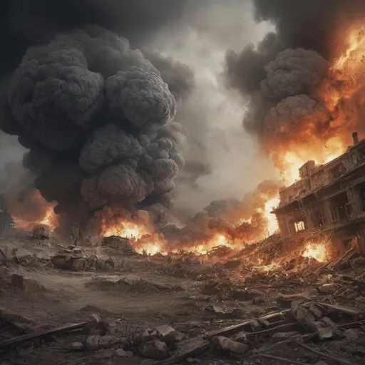 Prompt: Apocalypse, war, moving picture, real painting, live pictures, explosion, last war, victory of right and destruction of wrong