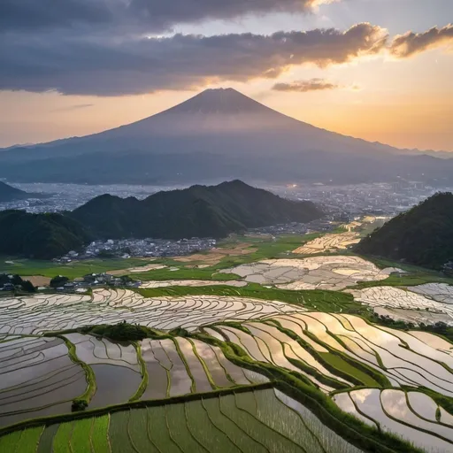 Prompt: Japan has entered the rainy season, and the rice paddies are drowning and rice planting is underway. At sunset, look at Kusu City from the top of Mount Kirikabu, the reflection of the evening sun on the rice paddies is very beautiful. Japan becomes the land of the rising sun. We sometimes call Japan the land of mizuho, ​​which means the land of abundant rice.