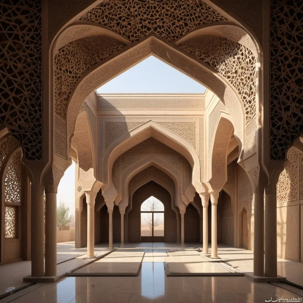 Prompt: Workshop and production shed in Iranian Islamic Architecture Science and Technology Park, Hamedan, traditional Iranian architectural elements, symbolic motifs, high-quality 3D rendering, Islamic architectural style, earthy tones, natural lighting, intricate geometric patterns, ornate arches, detailed tile work, traditional materials, culturally rich, spacious layout, innovative design, modern interpretation, serene atmosphere