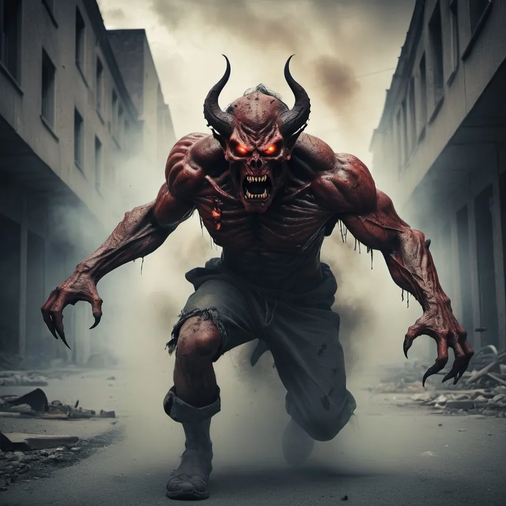 Prompt: Very scary demon in the apocalypse attacking humans