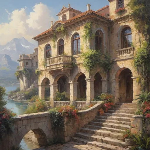 Prompt: Real, magnificent oil painting of a proud and beautiful architecture, epic dream land, dreamy and relaxing, detailed brush strokes, high quality, serene atmosphere, vibrant colors, beautiful scenery, dream-like, oil painting, detailed architecture, dream land, relaxing atmosphere, magnificent, vibrant colors, serene, high quality, detailed brush strokes
