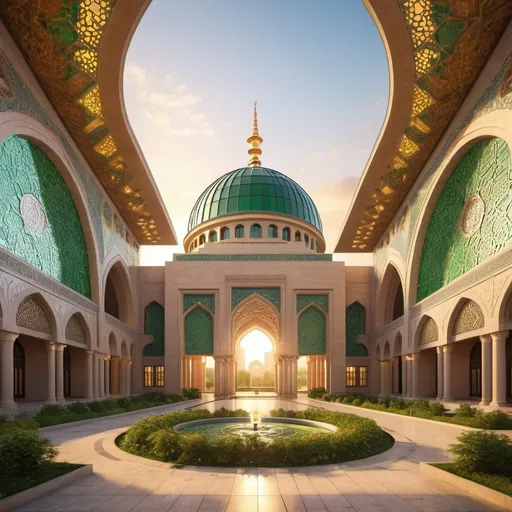 Prompt: Modern Islamic architecture at the University of Islamic Sciences, futuristic design with traditional elements, golden hour lighting, 3D rendering, grand central dome, intricate geometric patterns, lush green courtyard, vibrant mosaic details, high quality, ultra-detailed, modern Islamic civilization, futuristic, grand dome, intricate patterns, lush courtyard, vibrant mosaics, 3D rendering, golden hour lighting