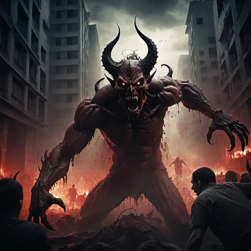 Prompt: Very scary demon attacking humans, apocalyptic setting, dark and ominous atmosphere, highres, ultra-detailed, horror, intense, demonic creature, terrified humans, destroyed cityscape, eerie lighting, hellish tones, bloodcurdling, disturbing details, infernal, chaos, chaotic composition, haunting, terrifying, demonic presence, terrified expressions, terrified atmosphere, dramatic shadows