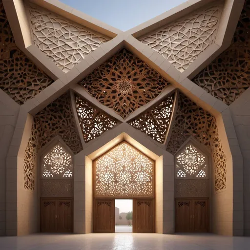 Prompt: Workshop shed facade in Science and Technology Park, Iranian Islamic architecture approach, detailed geometric patterns, traditional materials, high quality, detailed rendering, Iranian architecture, workshop shed design, Science and Technology Park, geometric patterns, traditional materials, Islamic architecture, detailed rendering, professional, atmospheric lighting