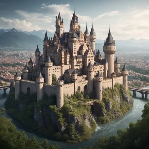 Prompt: A fantasy and magnificent castle in the middle of a modern city