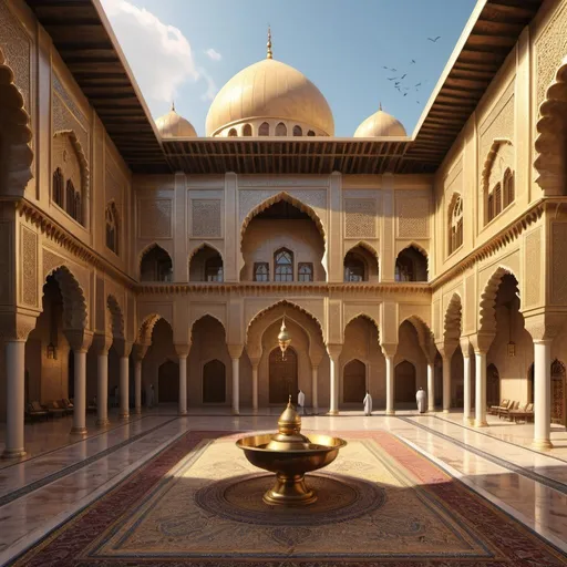 Prompt: The center of government of the Abbasid Caliph, intricate Islamic architecture, opulent palace, bustling courtyard with merchants and diplomats, golden accents, warm and vibrant color tones, lively atmosphere, high quality, detailed 3D rendering, Islamic art, historical, opulence, vibrant colors, bustling marketplace, intricate details, grand architecture, bustling courtyard, luxurious, warm lighting