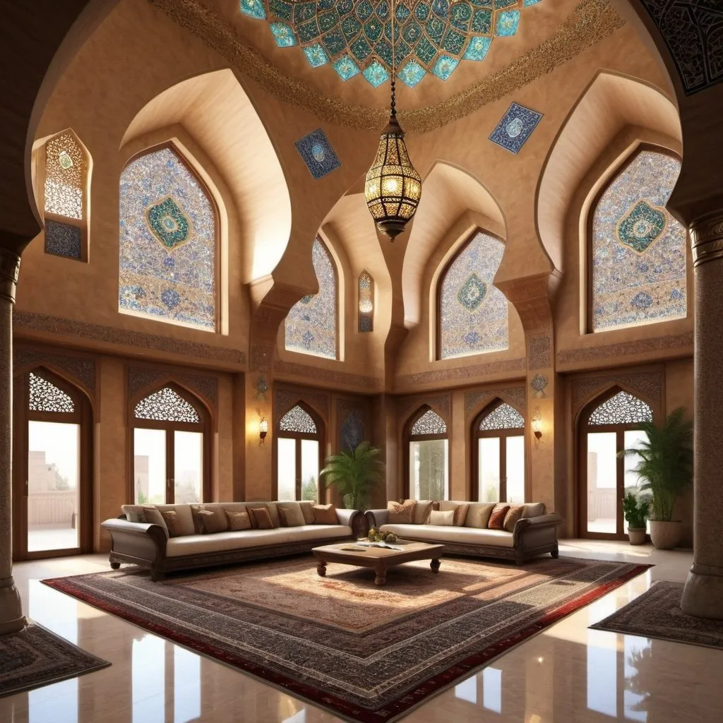 Prompt: Iranian-Islamic house perspective, large living room, detailed architecture, realistic lighting, photorealism, detailed material, beautiful colors, Islamic symbols, high quality, combination with modern architecture