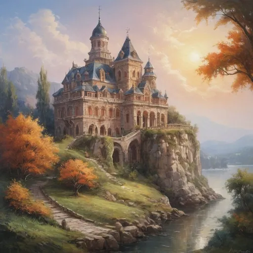 Prompt: Real, magnificent oil painting of a proud and beautiful architecture, epic dream land, dreamy and relaxing, detailed brush strokes, high quality, serene atmosphere, vibrant colors, beautiful scenery, dream-like, oil painting, detailed architecture, dream land, relaxing atmosphere, magnificent, vibrant colors, serene, high quality, detailed brush strokes