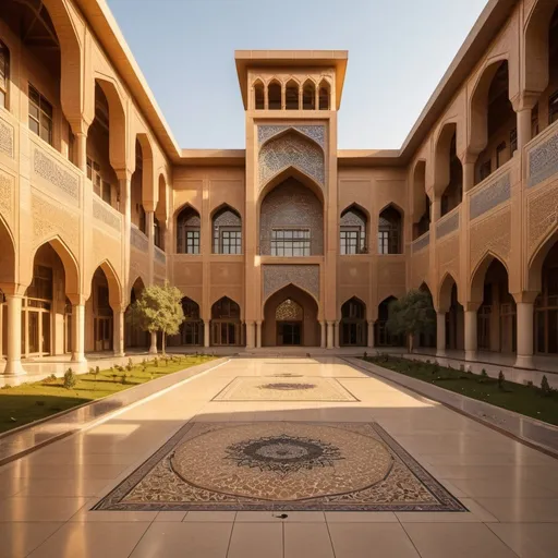 Prompt: Modern Iranian and Islamic architecture of Faculty of Management and Economics of Sharif University of Technology, warm earthy tones, intricate geometric patterns, spacious courtyard, detailed tile work, golden hour lighting, high quality, 3D rendering, modern Islamic architecture, warm tones, intricate details, spacious layout, detailed tiles, golden hour lighting