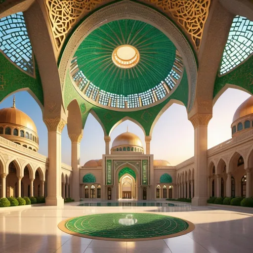 Prompt: Modern Islamic architecture at the University of Islamic Sciences, futuristic design with traditional elements, golden hour lighting, 3D rendering, grand central dome, intricate geometric patterns, lush green courtyard, vibrant mosaic details, high quality, ultra-detailed, modern Islamic civilization, futuristic, grand dome, intricate patterns, lush courtyard, vibrant mosaics, 3D rendering, golden hour lighting
