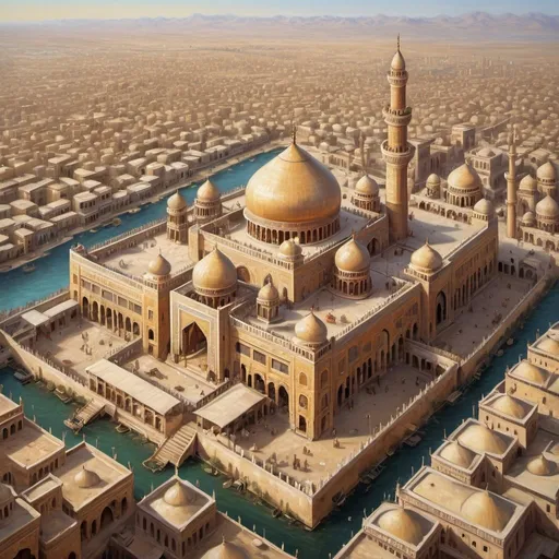 Prompt: Aerial view of Neyshabur during Islamic civilization, realistic oil painting, intricate details, high accuracy, magnificent cityscape, ornate palaces, vibrant historical environment, realistic textures, realistic lighting, high quality, detailed, magnificent , realistic, oil painting, detailed, intricate detail, realistic, crowded, magnificent, ornate, realistic, imposing