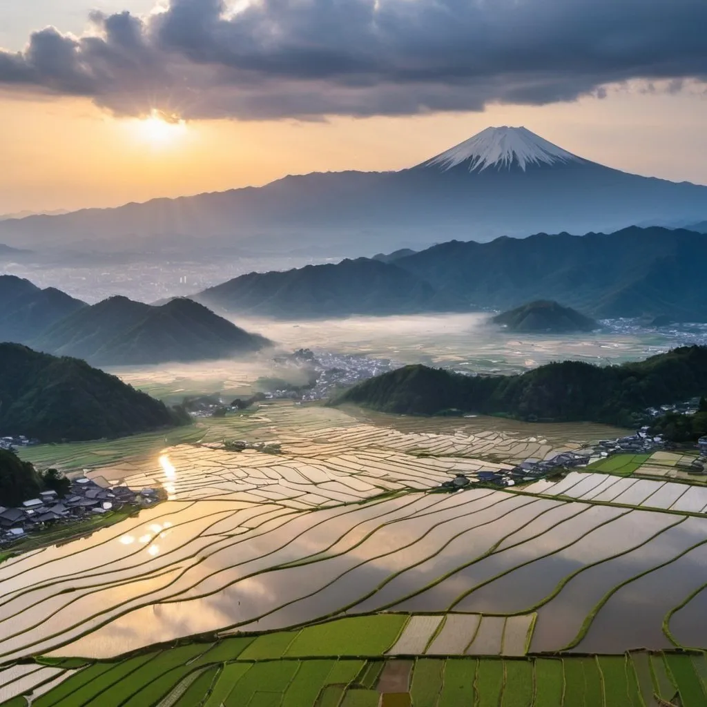 Prompt: Japan has entered the rainy season, and the rice paddies are drowning and rice planting is underway. At sunset, look at Kusu City from the top of Mount Kirikabu, the reflection of the evening sun on the rice paddies is very beautiful. Japan becomes the land of the rising sun. We sometimes call Japan the land of mizuho, ​​which means the land of abundant rice.