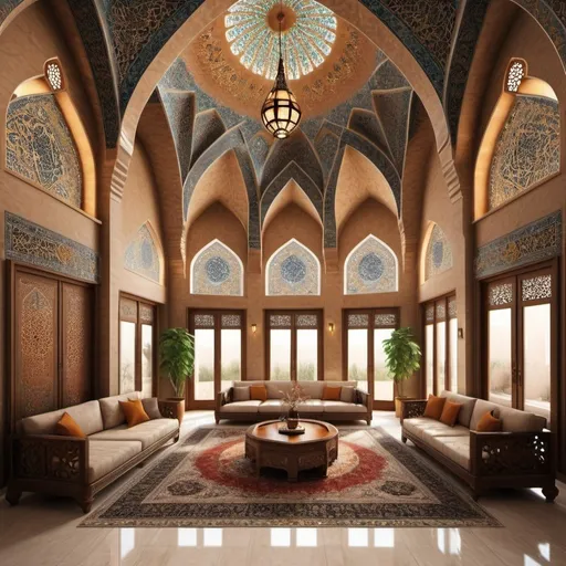 Prompt: Iranian-Islamic house perspective, large living room, detailed architecture, realistic lighting, photorealism, detailed material, beautiful colors, Islamic symbols, high quality, combination with modern architecture