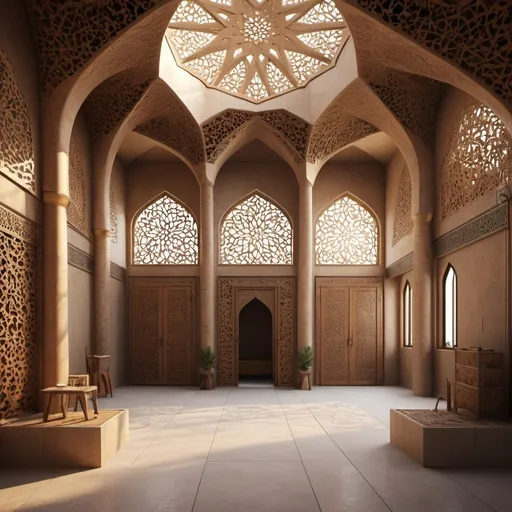 Prompt: Workshop and production shed for startup teams, Iranian Islamic architecture, Hamedan, symbolic design, traditional materials, ornate detailing, high-quality, 3D rendering, Iranian Islamic style, earthy tones, intricate patterns, natural lighting